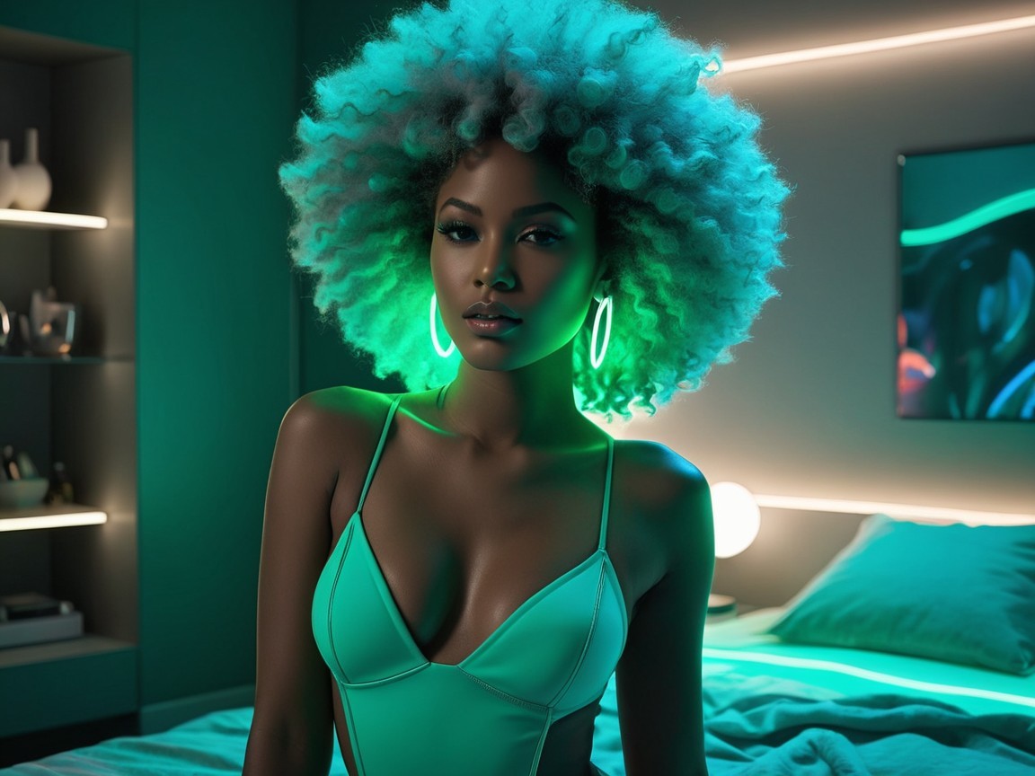 Confident Woman in Mint-Green Swimsuit and Modern Decor