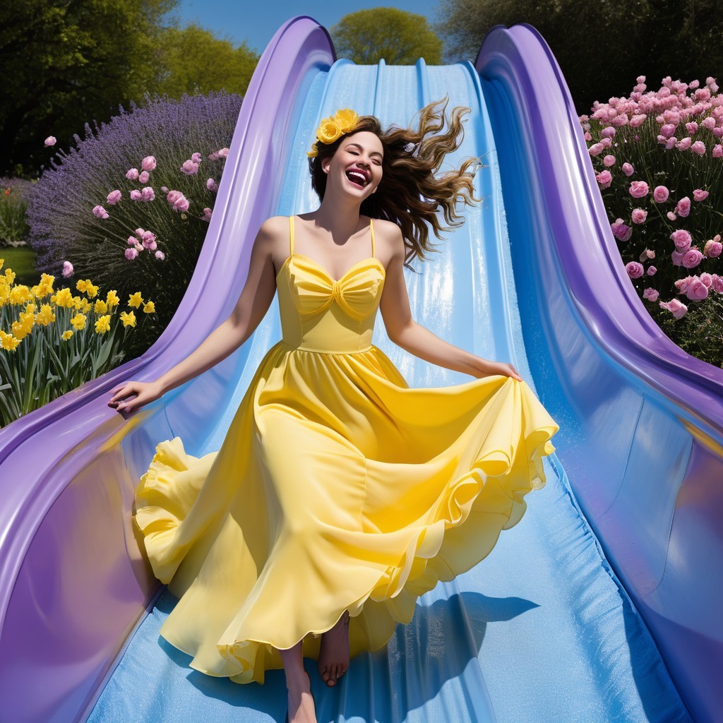Joyful Woman in Yellow Dress on Whimsical Slide