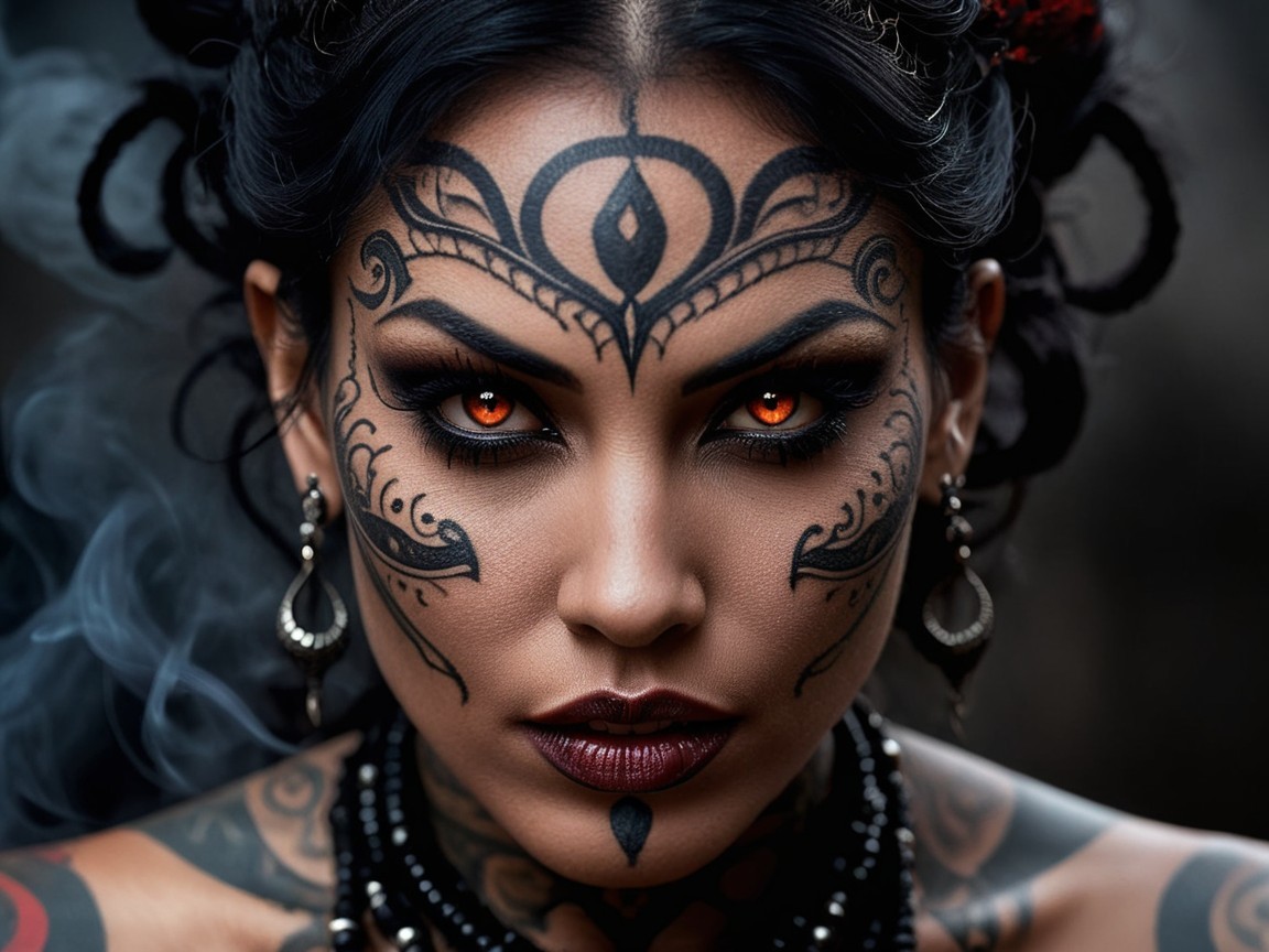 Portrait of a Woman with Tribal Tattoos and Jewelry