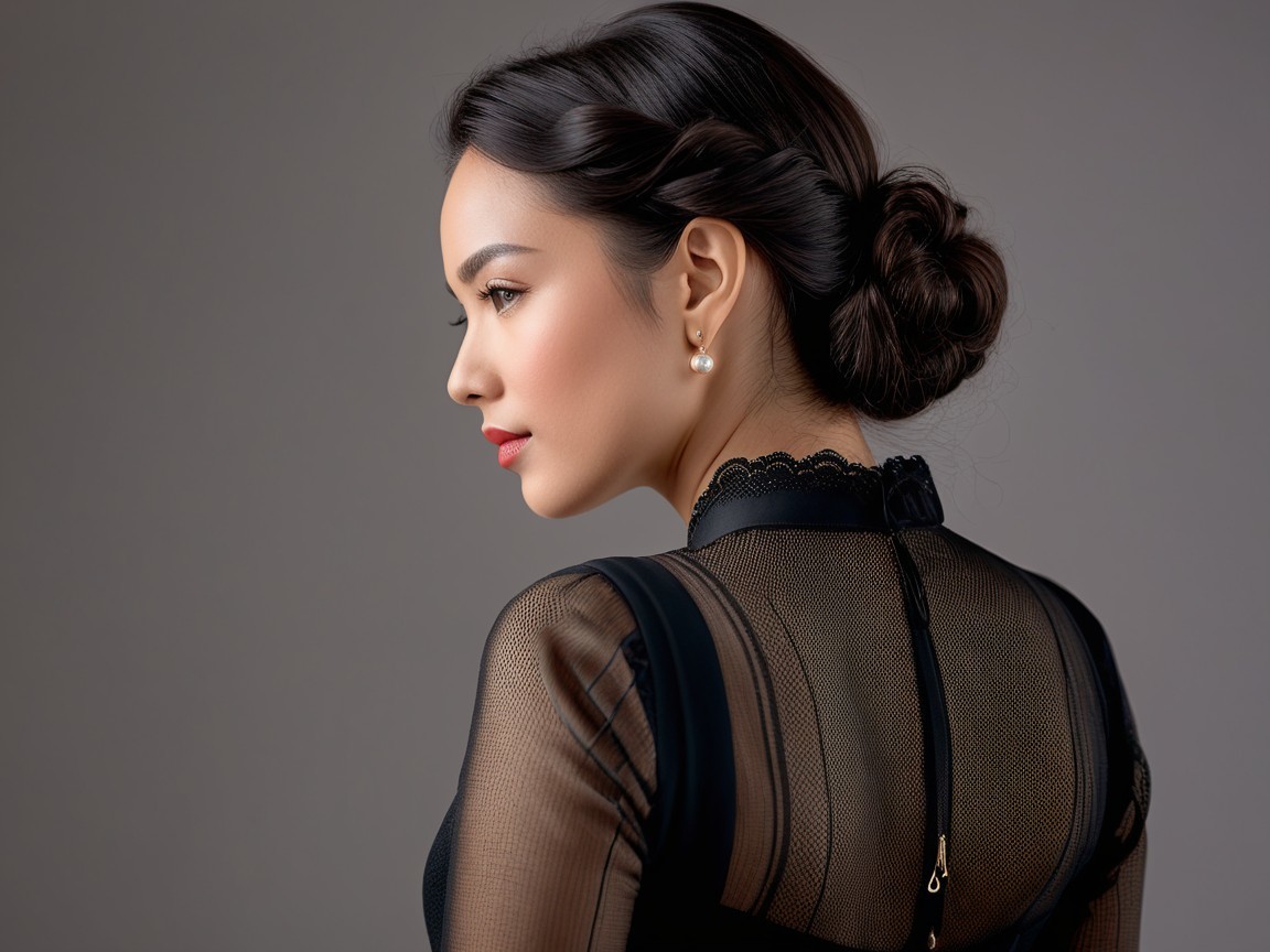 Elegant Profile of a Woman in Sheer Black Garment