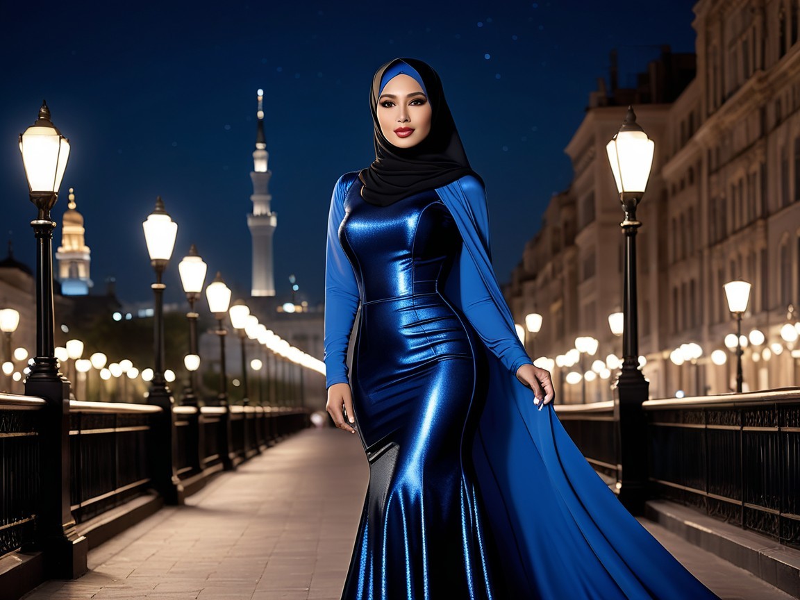 Woman in Blue Evening Gown on Nighttime Street