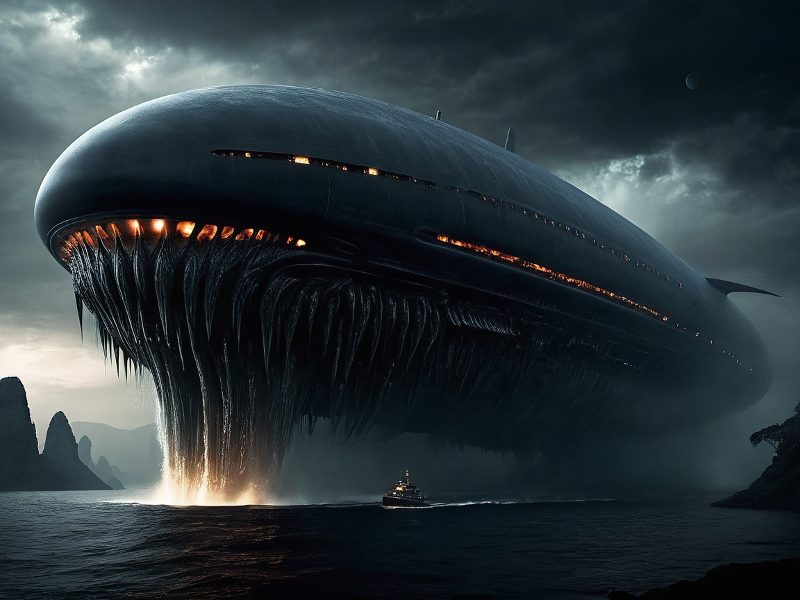 Futuristic spaceship over turbulent sea at night