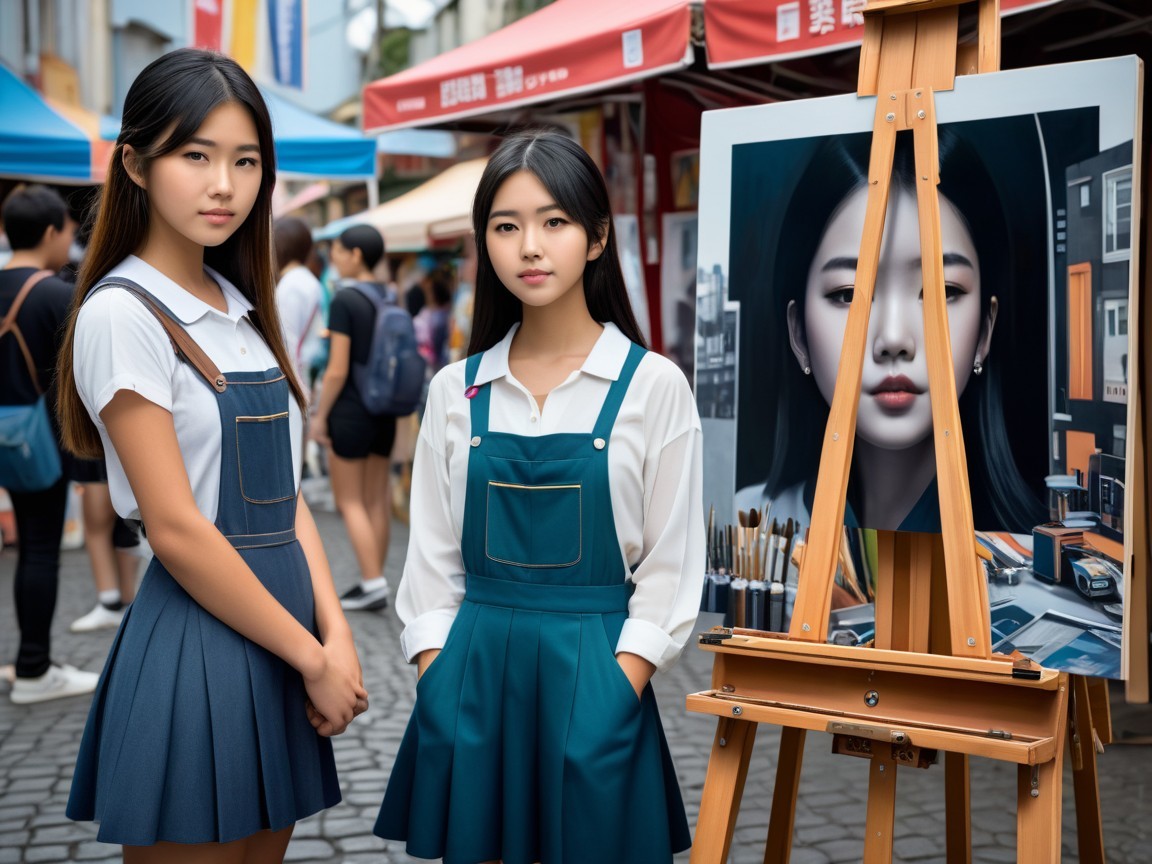 Vibrant Street Market with Portrait and Stylish Attire
