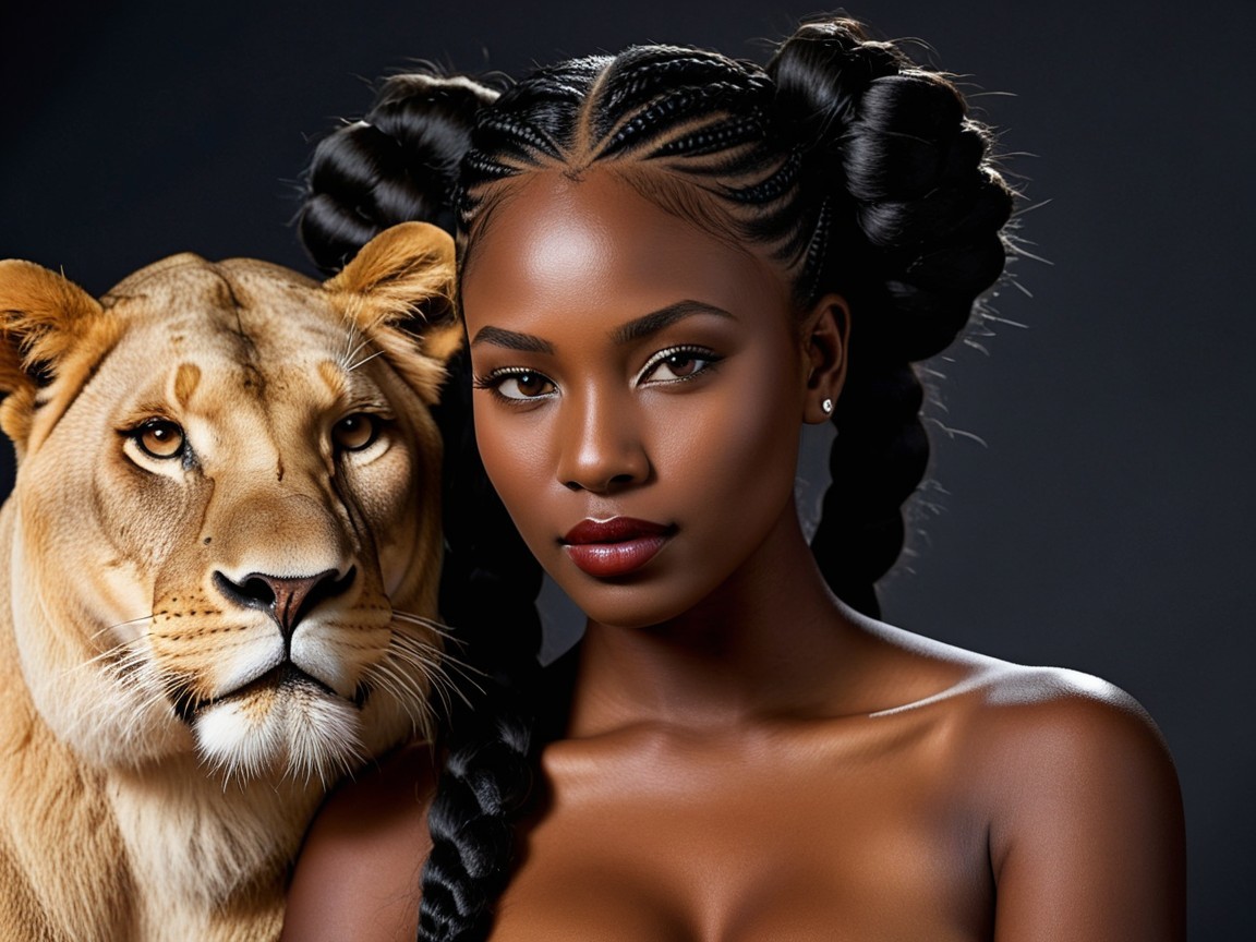 Portrait of a Young Woman with a Lion in a Dark Setting