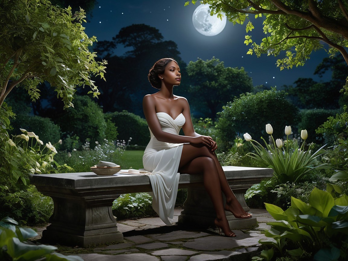 Moonlit Garden Scene with Woman in White Dress