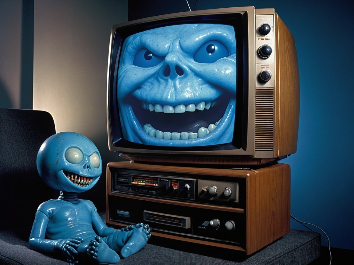 Vintage Television with Cartoonish Blue Characters