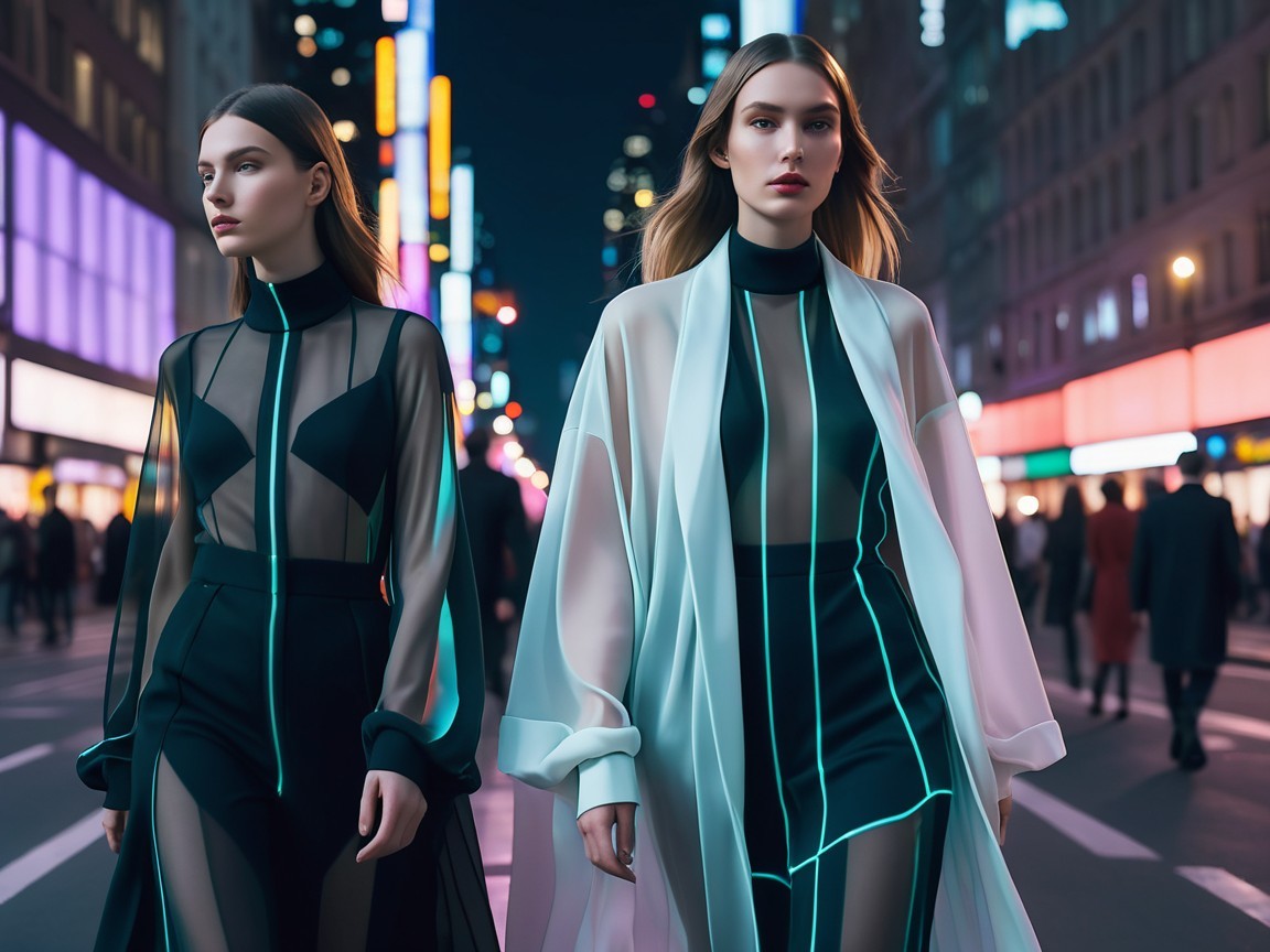 Models in Futuristic Outfits on a Neon-lit Street