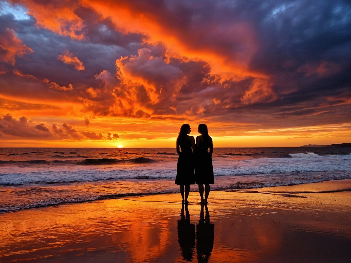 Silhouetted Figures at Sunset on the Beach