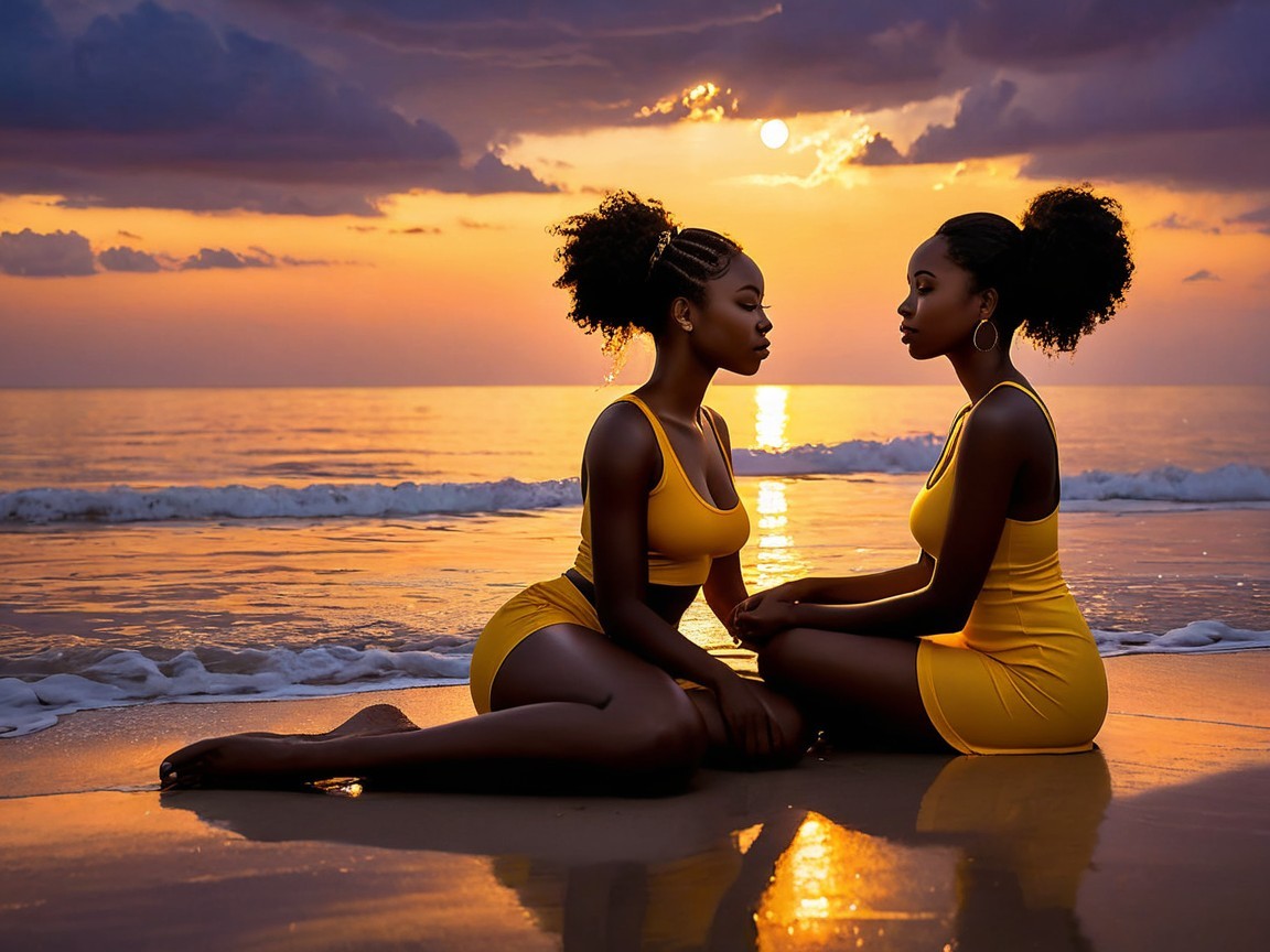 Women in Yellow Outfits at Sunset Beach Conversation
