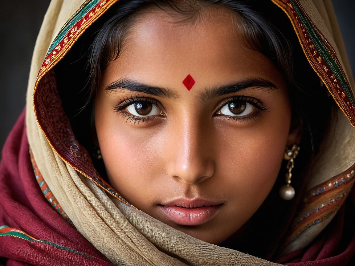 Young girl with dark eyes and patterned scarf