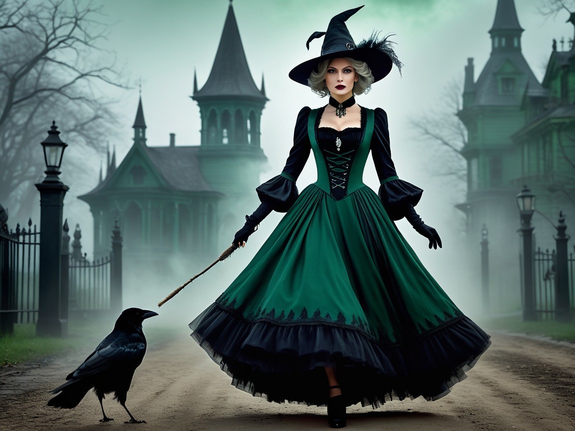 Mysterious Figure in Green Gown on Foggy Path
