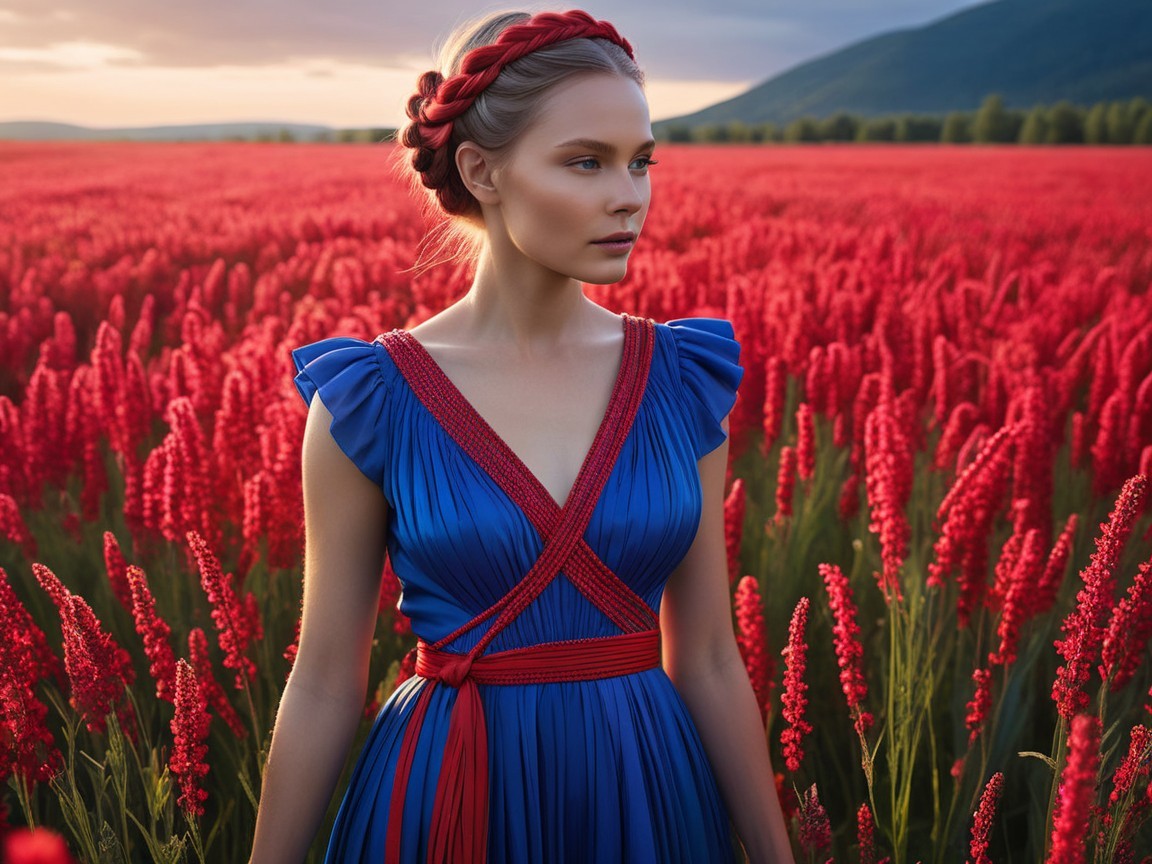 Woman in Blue Dress Surrounded by Red Flowers