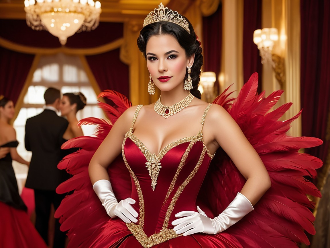 Glamorous Woman in Opulent Ballroom with Red Gown