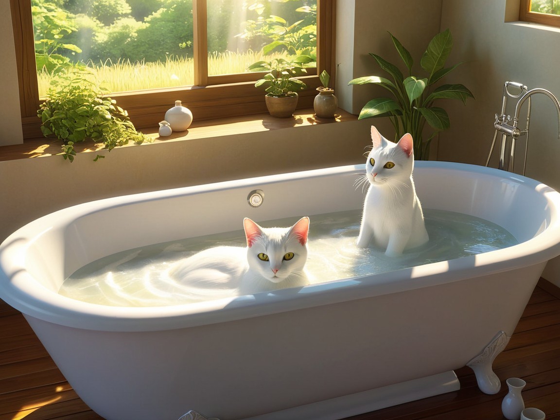 Fluffy White Cats Play in Sunlit Bathtub Scene