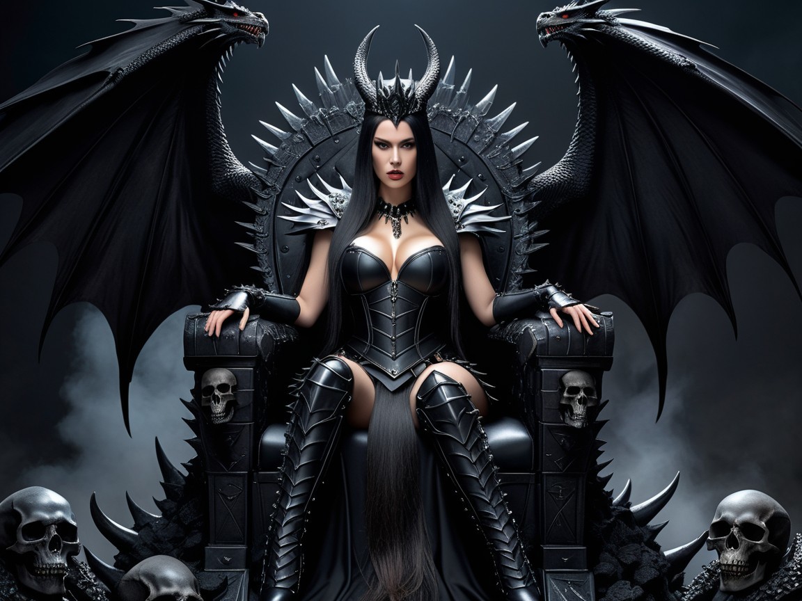 Regal Figure on Throne with Dragons and Skulls