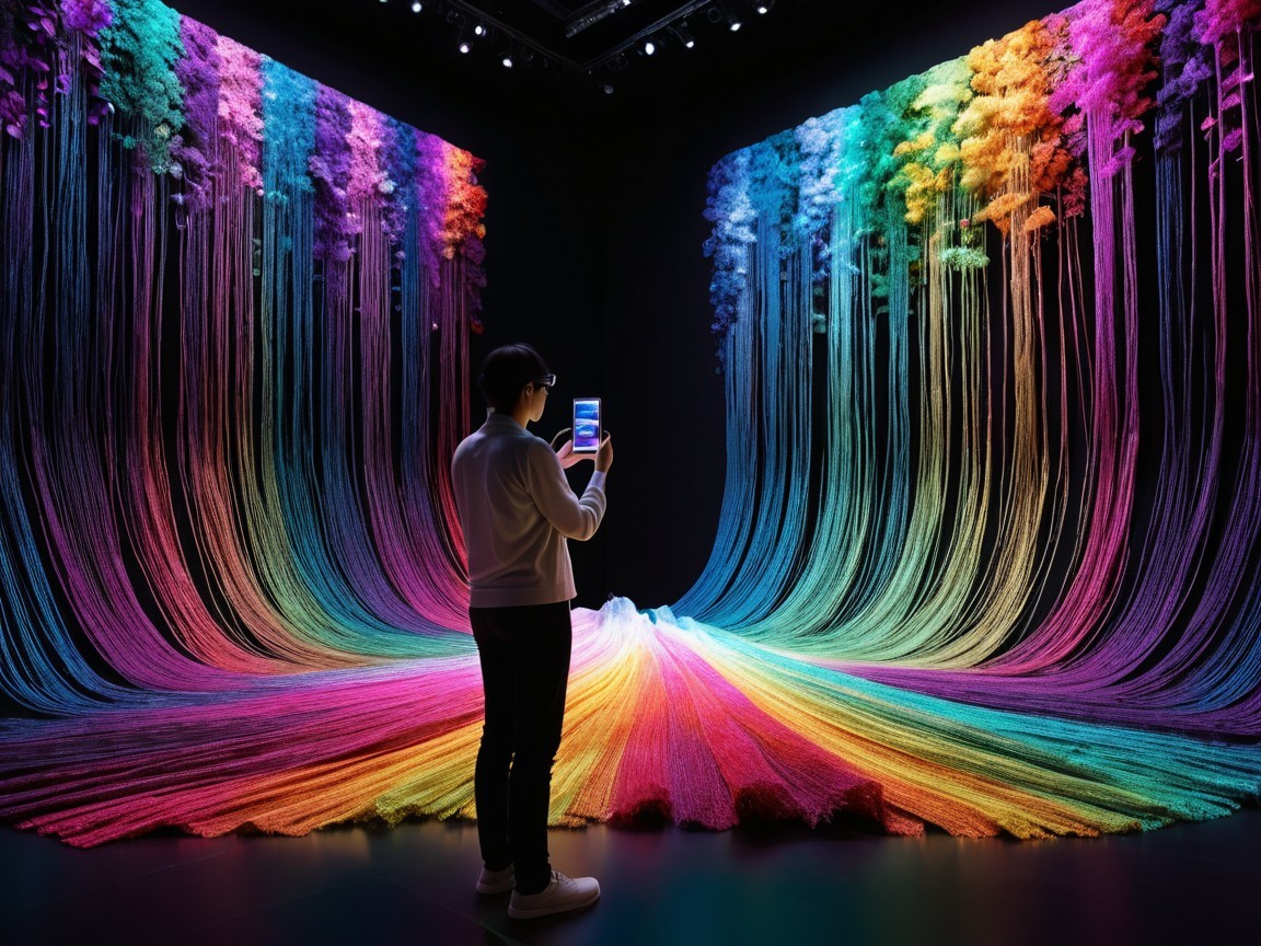 Vibrant Art Installation with Colorful Strings in Dark Room