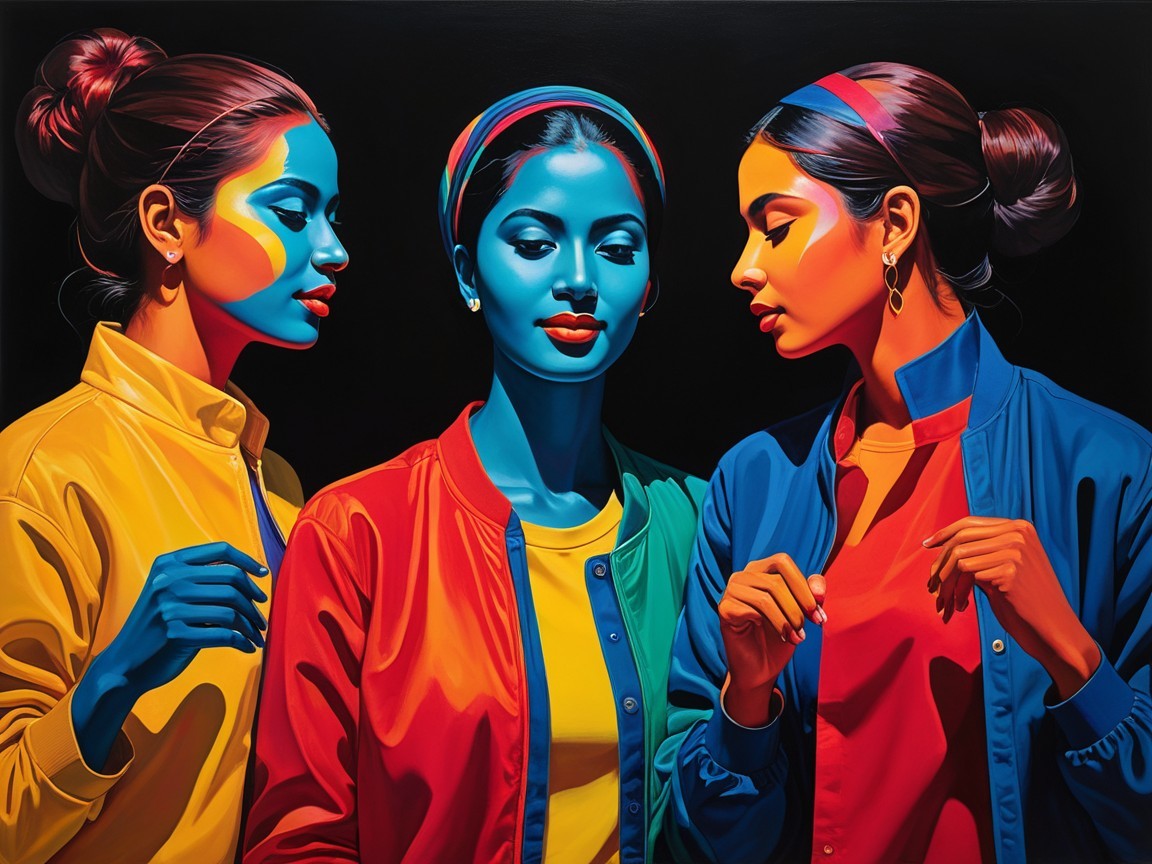 Three Stylized Women with Colorful Palettes on Black
