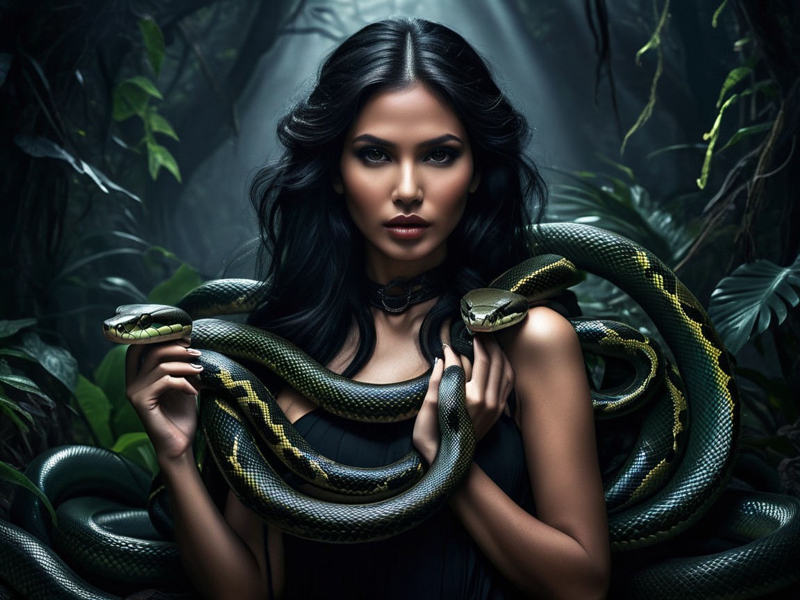Woman with Snakes in Mystical Jungle Setting
