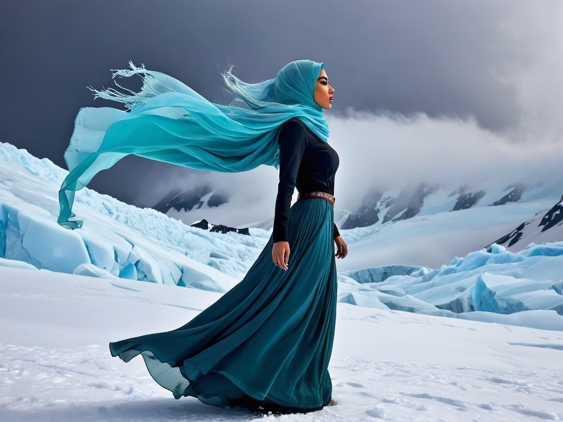 Woman in teal skirt and hijab against icy landscape
