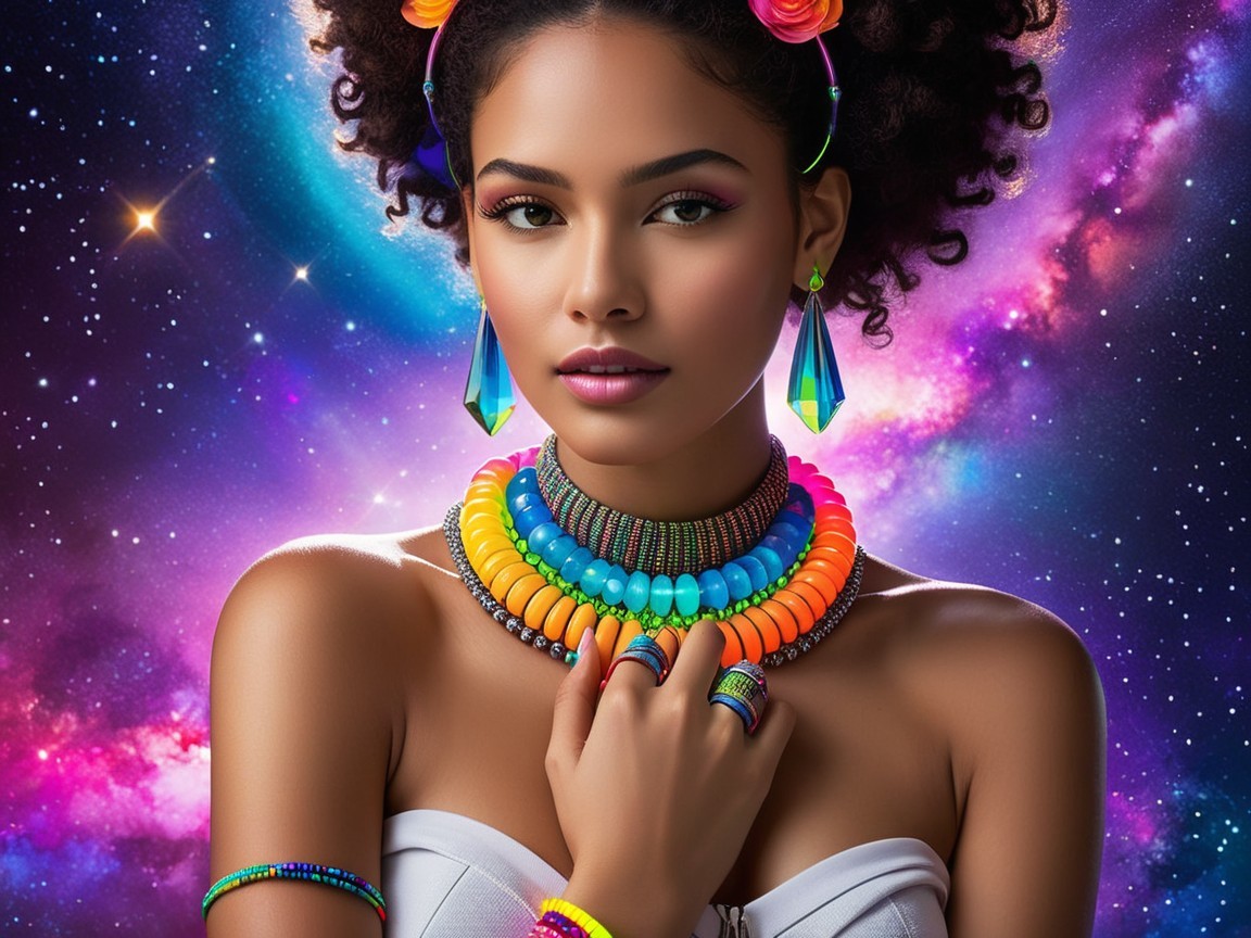 Young Woman with Colorful Jewelry in Cosmic Setting