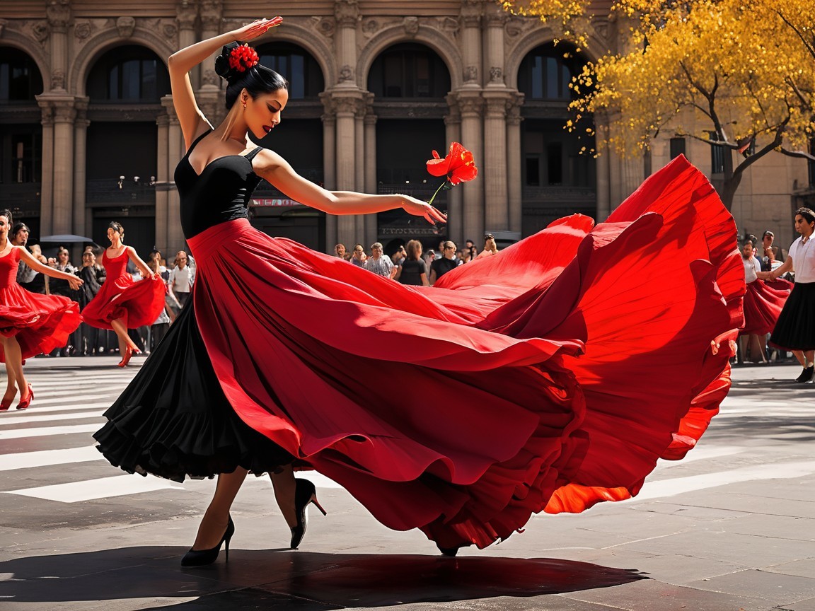 Dancer in Red and Black Dress Twirls in Plaza