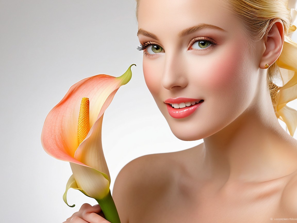 Young woman with green eyes and peach flower portrait