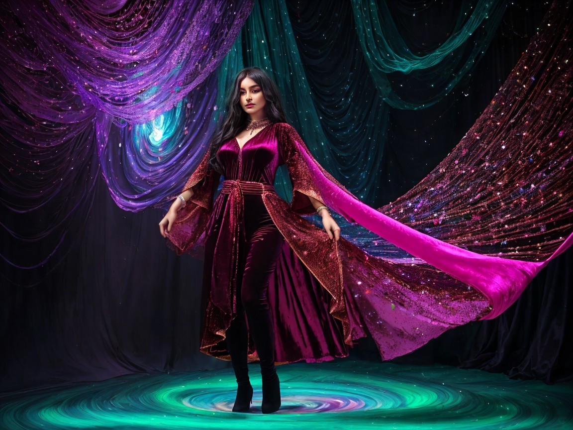 Burgundy Dress with Shimmering Sleeves in Mystical Setting