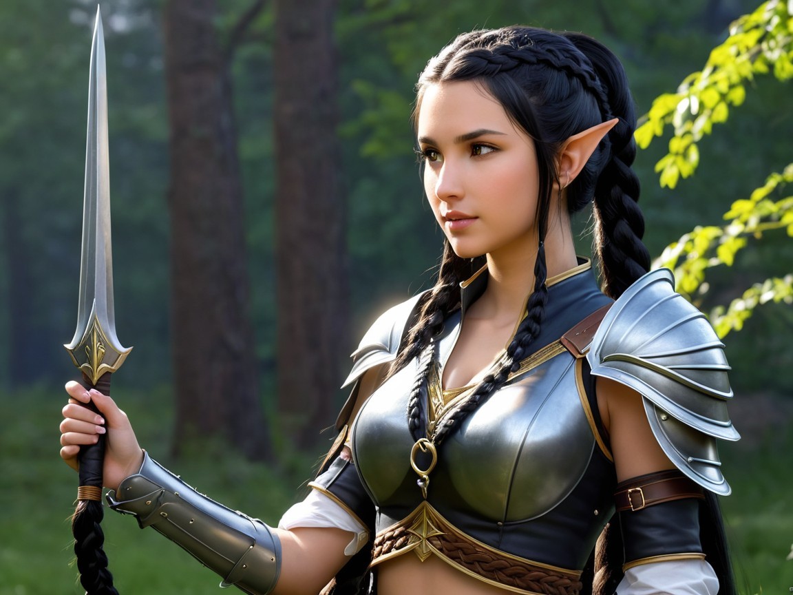 Young Warrior in Fantasy Armor in Lush Forest