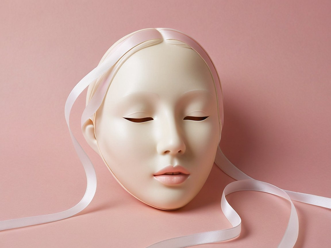 Serene Mask on Soft Pink Background with Ribbon