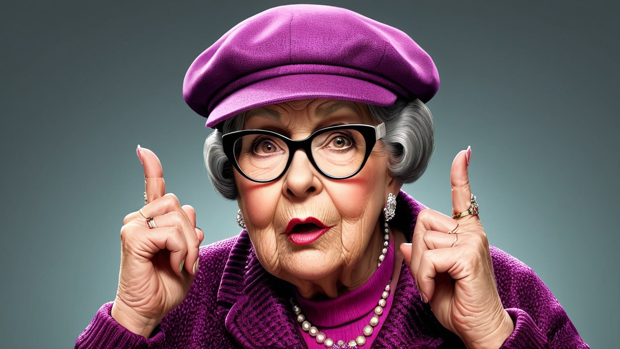 Elderly Woman in Purple Hat with Playful Expression