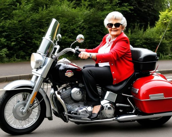 Elderly Woman in Red Jacket Riding Stylish Motorcycle