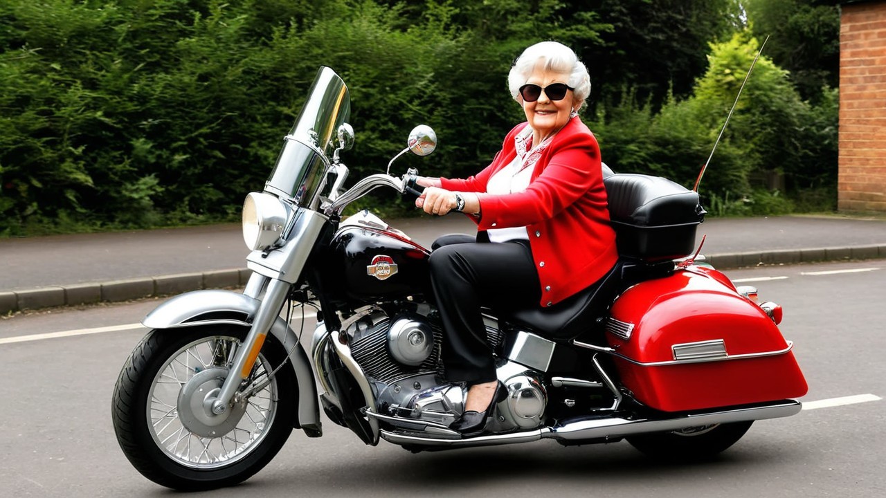 Elderly Woman in Red Jacket Riding Stylish Motorcycle