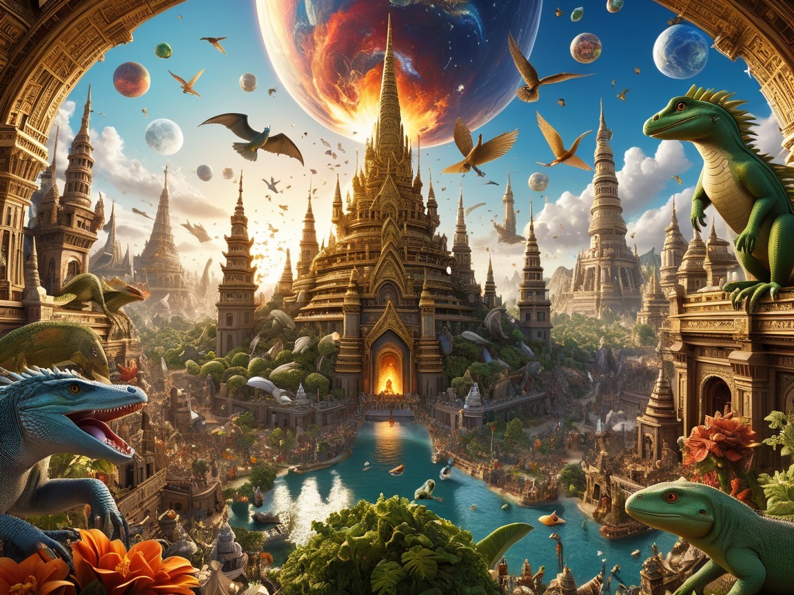 Fantasy Landscape with Palace and Whimsical Dinosaurs