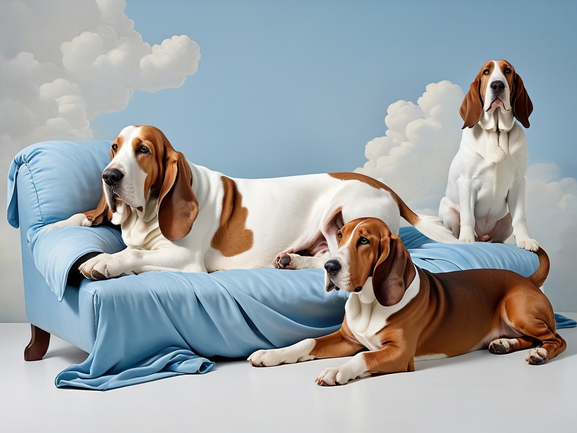 Basset Hounds Posed on Light Blue Couch with Clouds