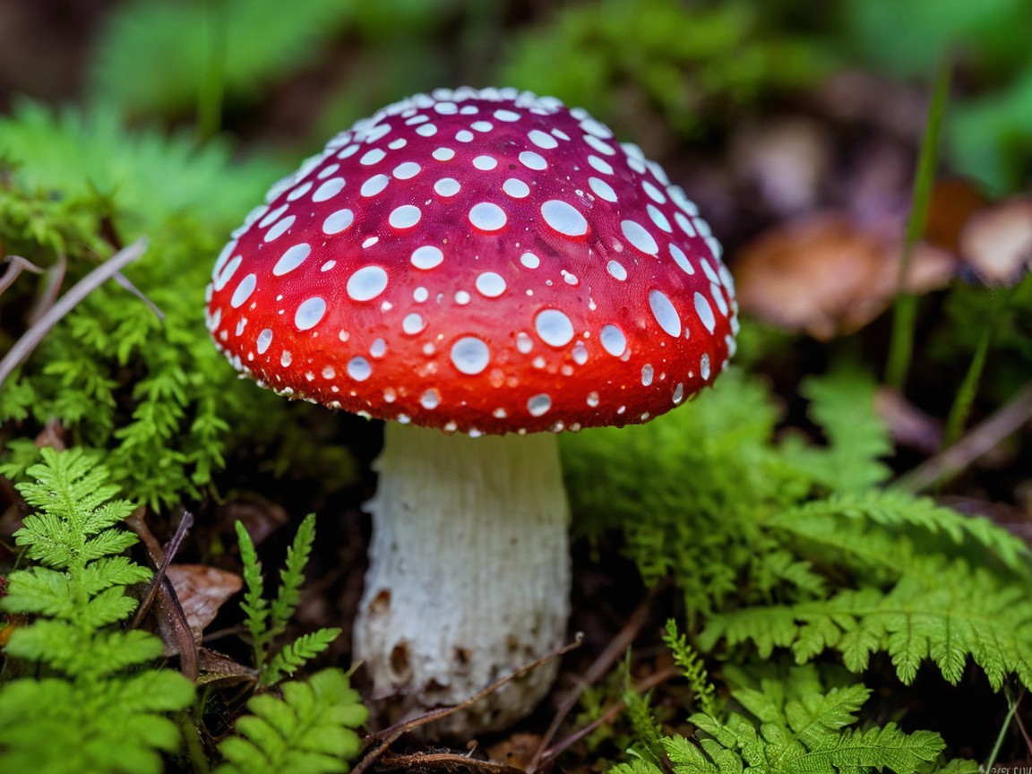 Red Mushroom with White Spots Amid Green Ferns