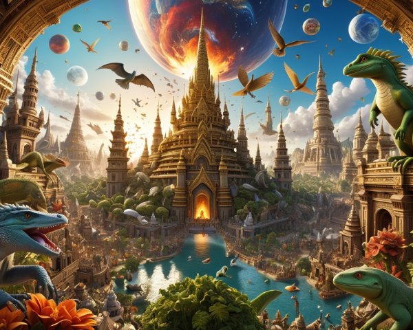 Fantasy Landscape with Palace and Whimsical Dinosaurs