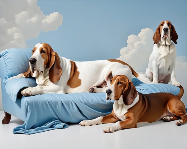 Basset Hounds Posed on Light Blue Couch with Clouds