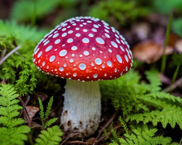 Red Mushroom with White Spots Amid Green Ferns