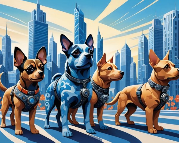 Cartoon Dogs with City Skyline in Background