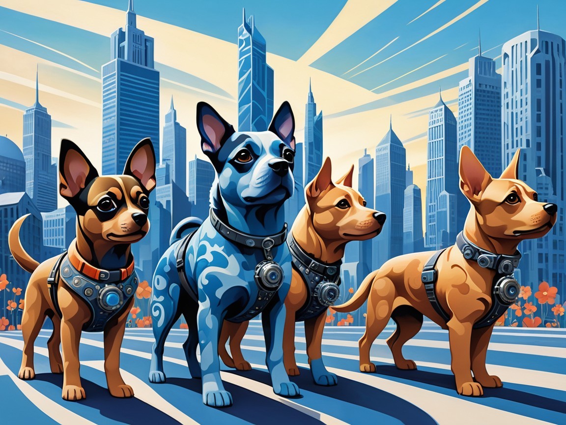 Cartoon Dogs with City Skyline in Background