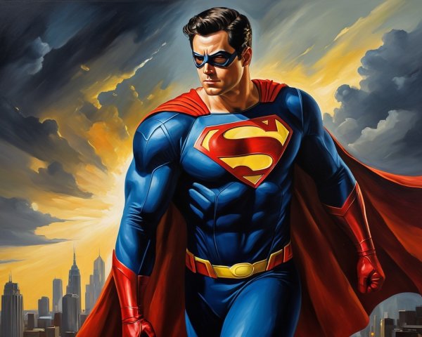 Heroic Figure in Vibrant Suit Against Sunset Skyline