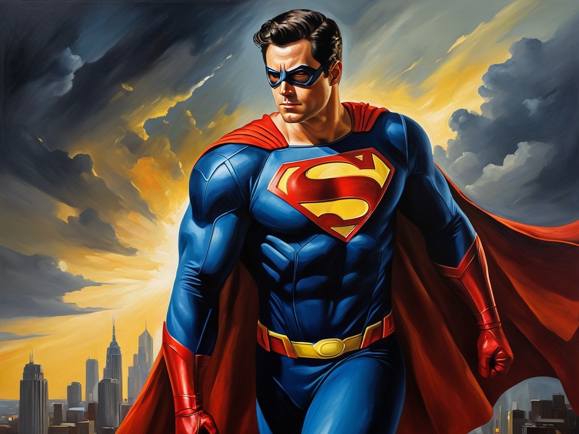 Heroic Figure in Vibrant Suit Against Sunset Skyline
