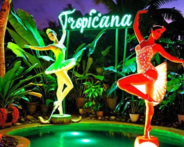 Vibrant Tropical Scene with Neon Lights and Dancers