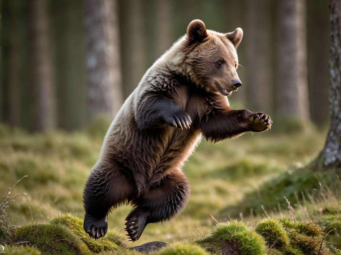 Young bear leaping on green forest floor in sunlight