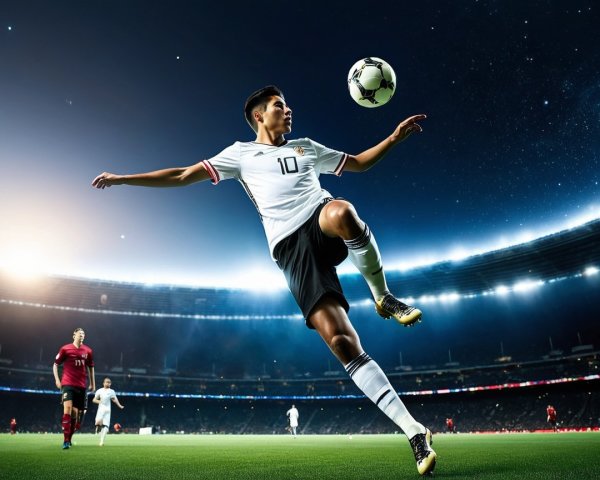 Young soccer player executes acrobatic kick on field