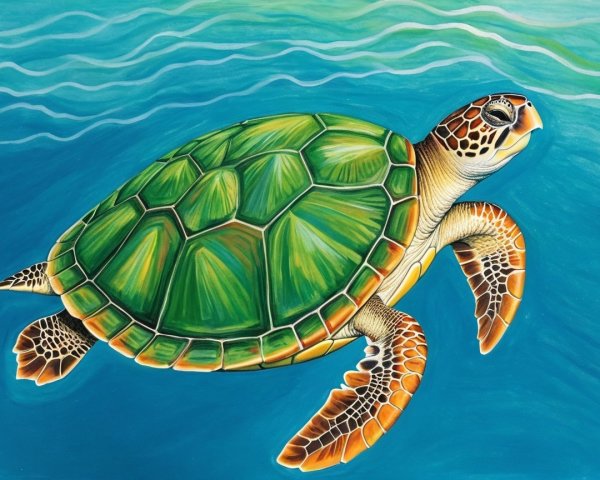 Vibrant Hand-Painted Sea Turtle in Deep Blue Ocean