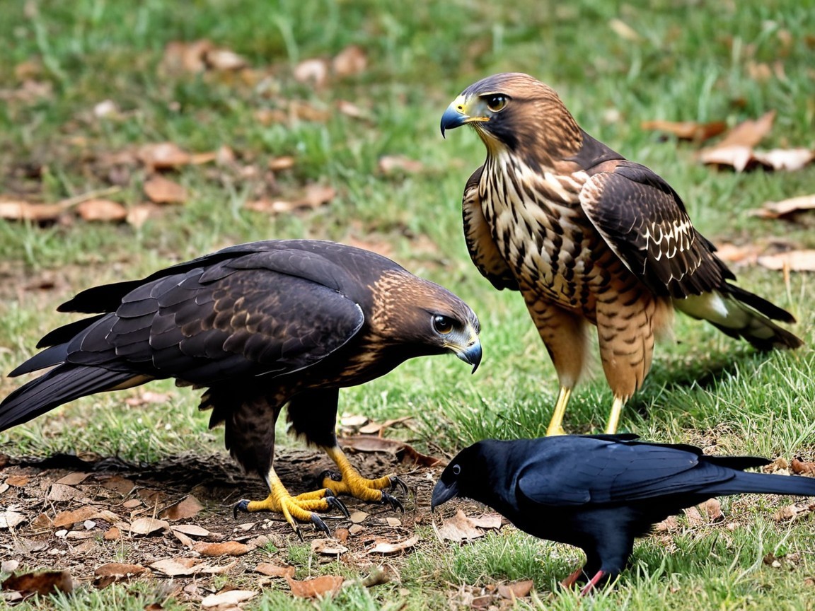 Three Birds on Grass with Leaves Background
