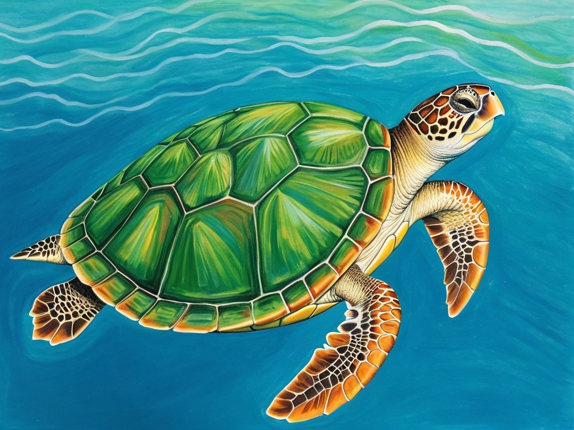 Vibrant Hand-Painted Sea Turtle in Deep Blue Ocean