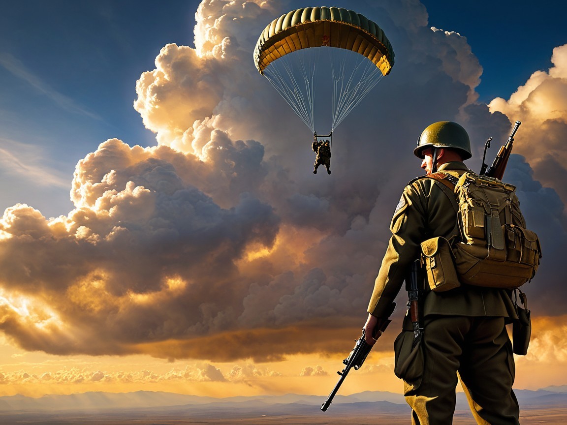 Soldier on Hillside Watching Parachutist at Sunset