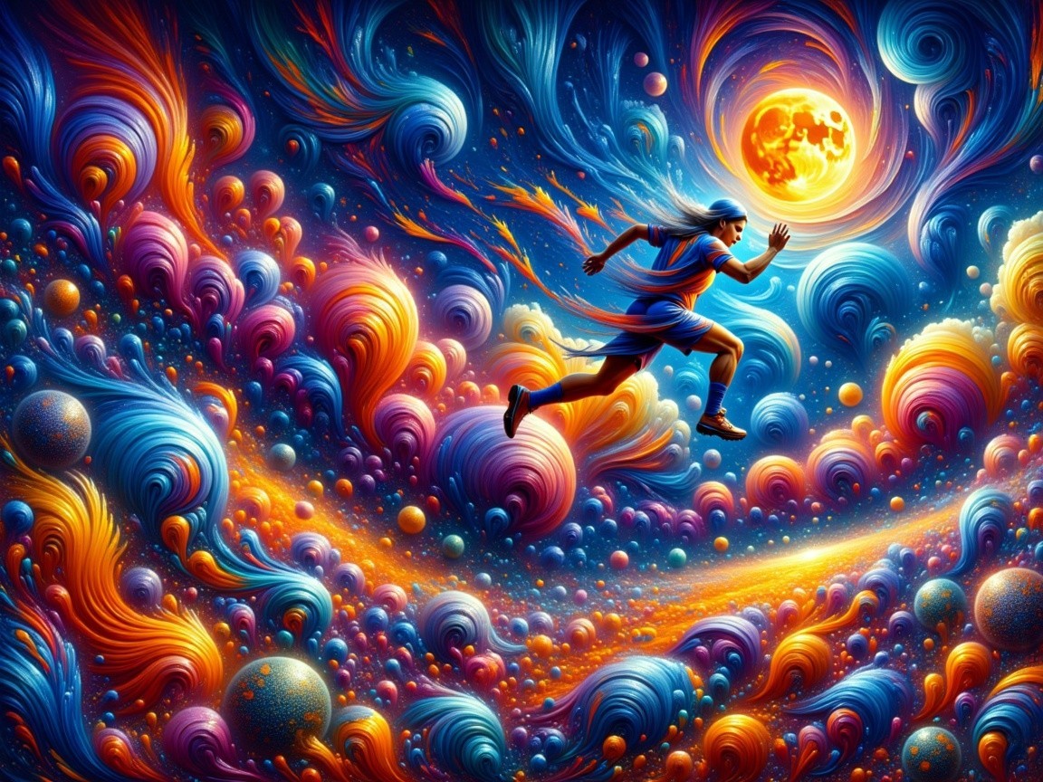 Person running in a colorful ethereal landscape